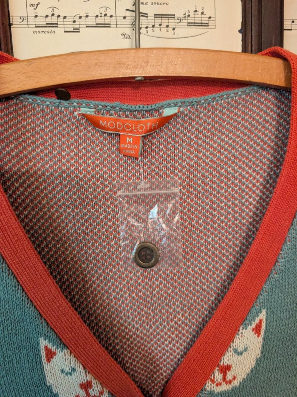 Modcloth Teal Cat-Print Short Sleeve Cardigan with Coral Trim - Picture 2 of 4